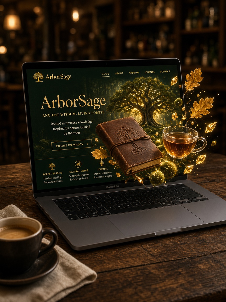 ArborSage on a café laptop, with a journal and tea lifting off the screen